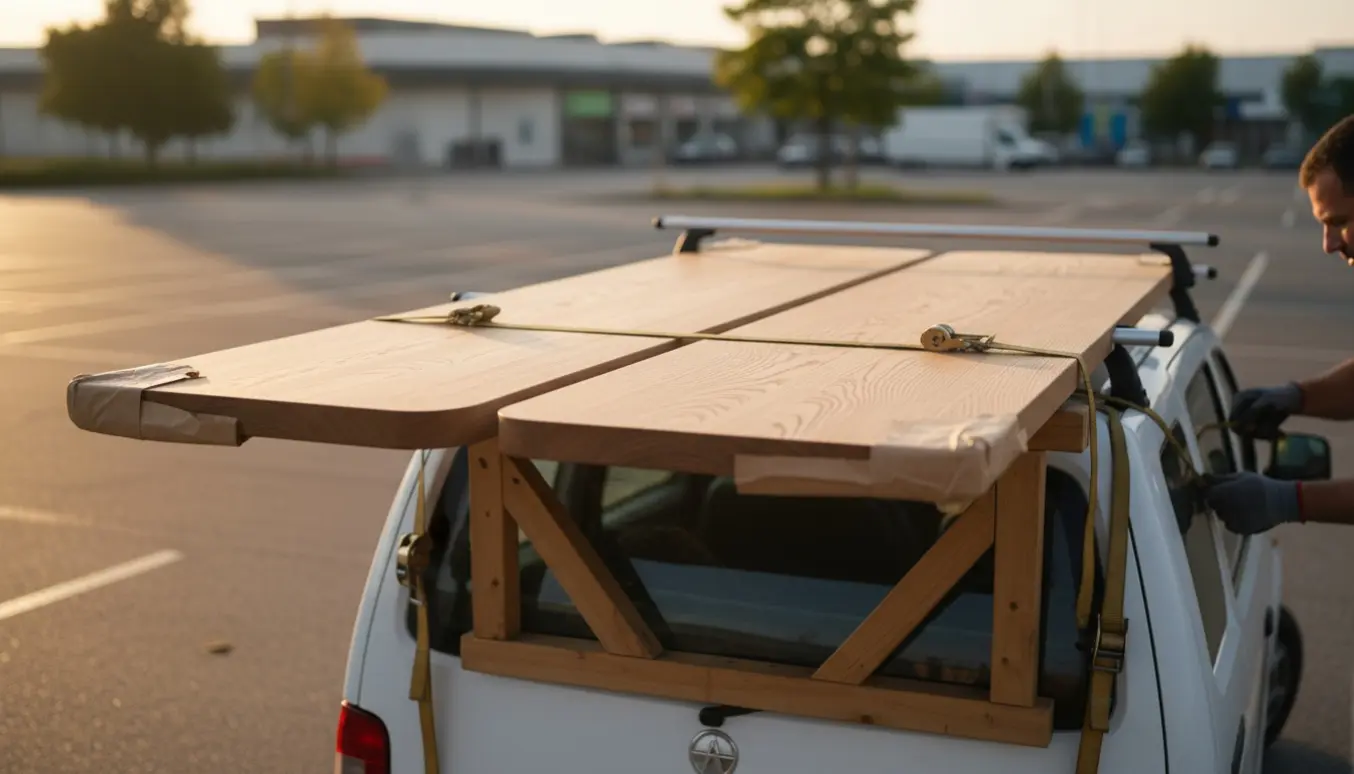To lange træbordplader fastgjort på en varebil i en byggmarkedets parkeringsplads, klar til transport.