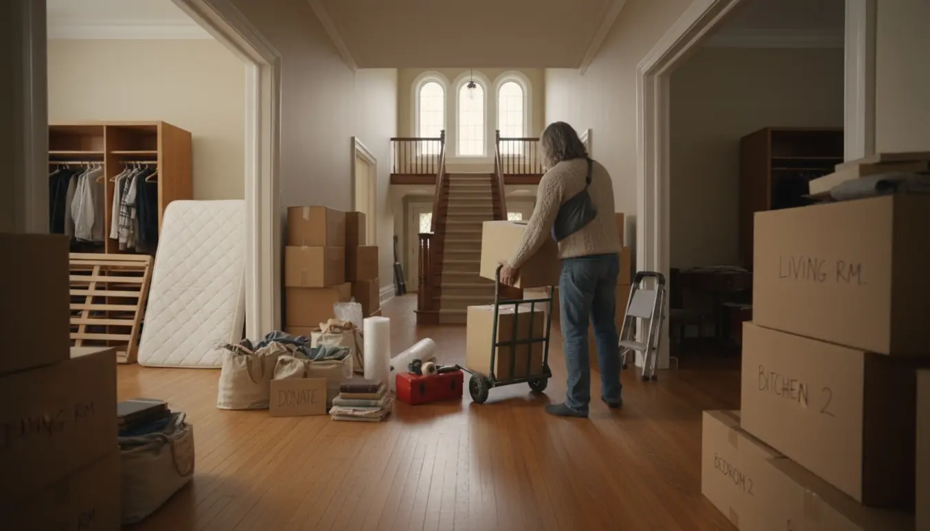 Stor bolig med stabler af flyttekasser og en person set bagfra, der med én arm håndterer flytningen.