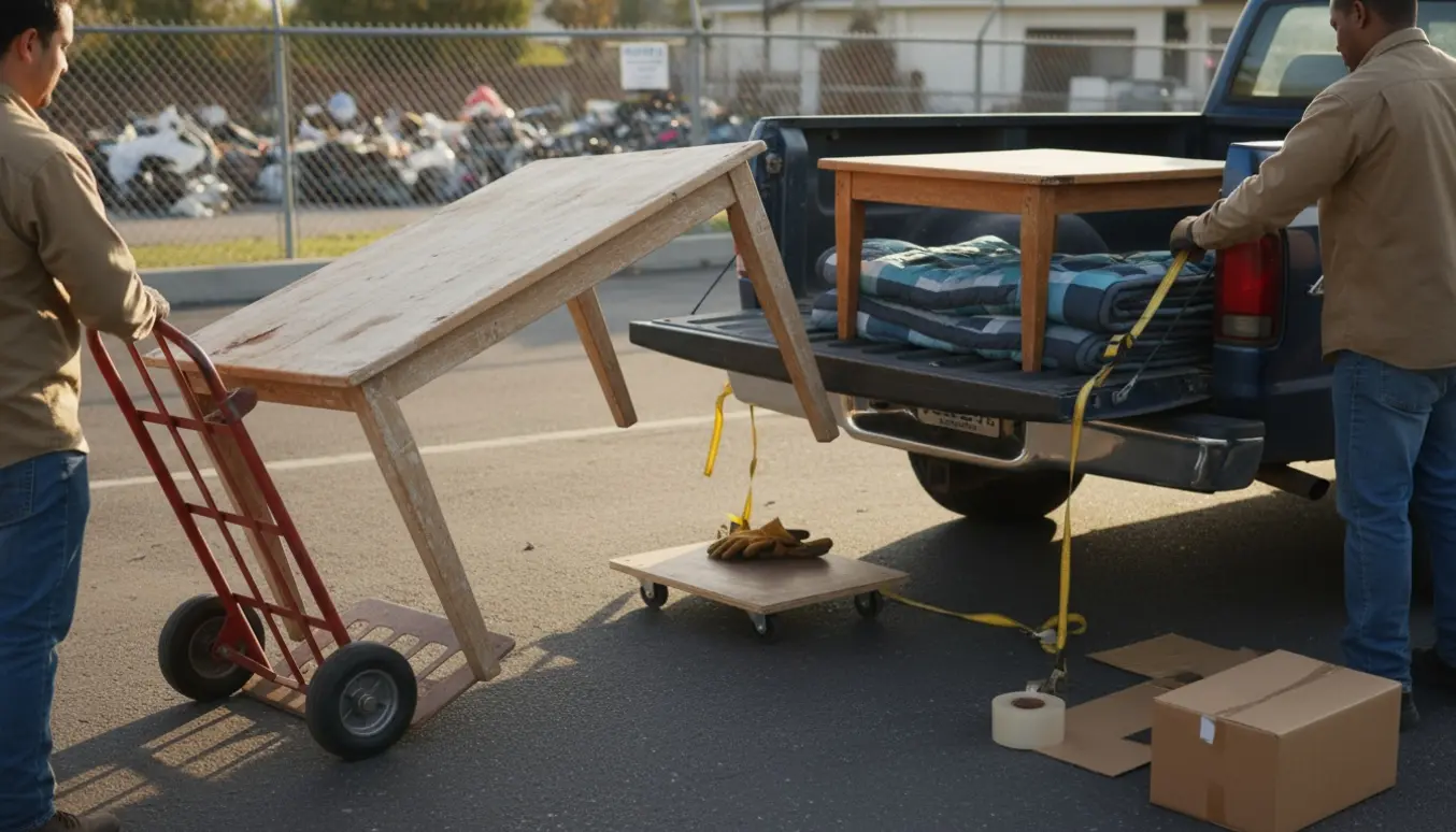 Slidt spisebord og sofabord læsses i en pickup på vej til lossepladsen.