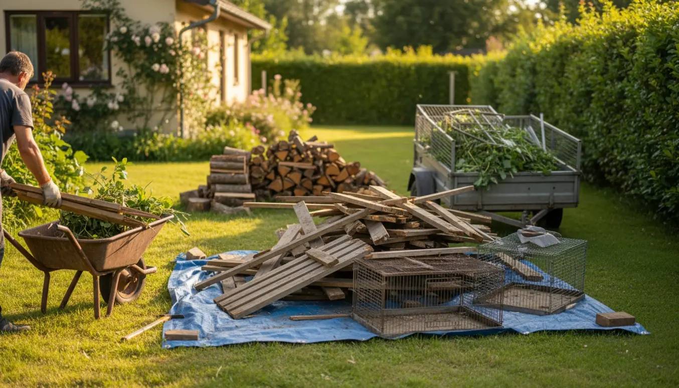 Ryddning i en sommerhushave med bunke gamle brædder, ødelagte hegn og en trillebør klar til transport.