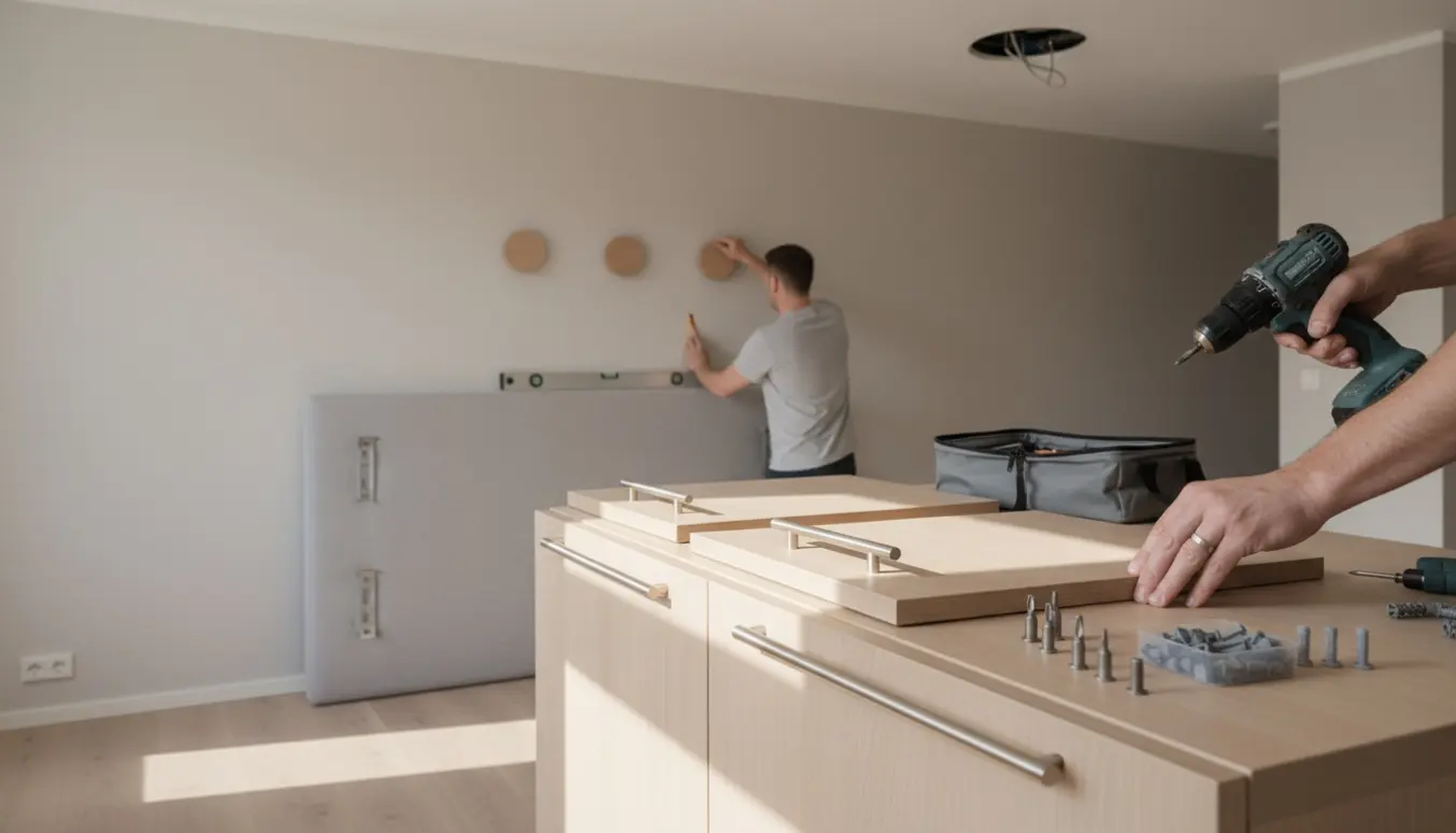 Hænder monterer greb på låger og forbereder ophæng af knager, sengegavl og loftshøjttaler i en lys lejlighed.