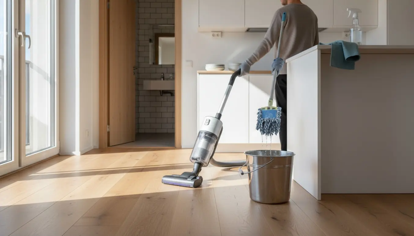 Solbeskinnet skandinavisk lejlighed under rengøring med støvsuger og moppe.