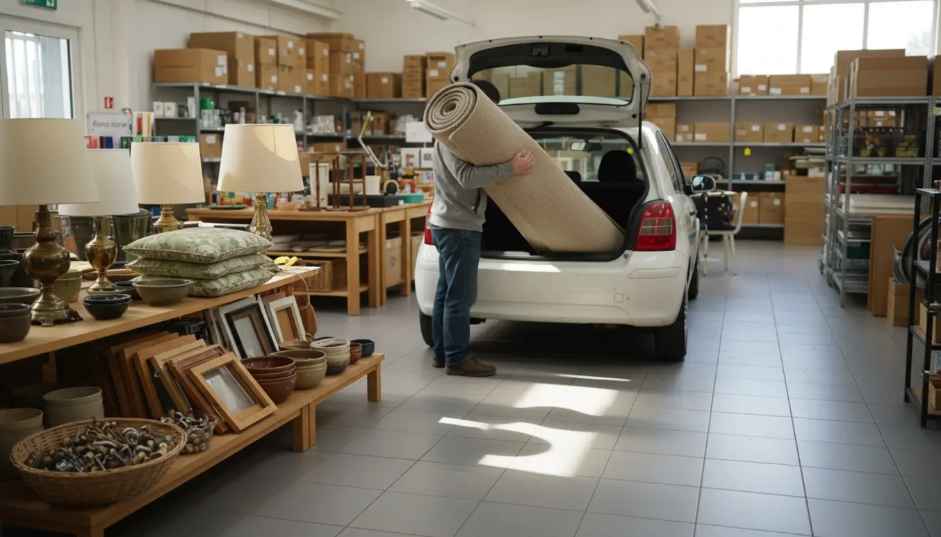 En kunde læsser et væg-til-væg-tæppe ind i bagagerummet i en lys og ryddelig genbrugsbutik omgivet af små brugte ting.