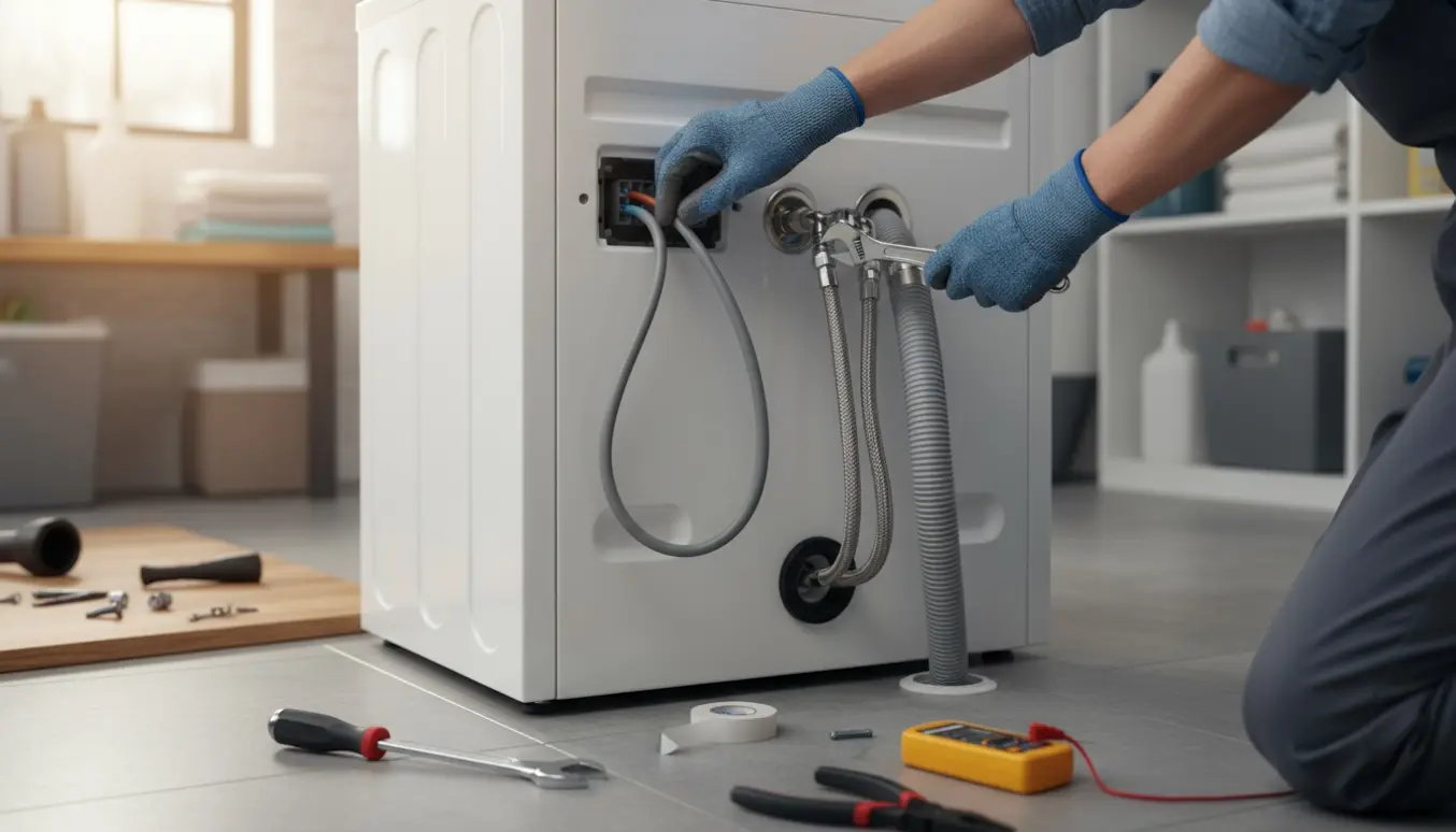 Hænder tilslutter kraftig elledning og vandslanger til en vaskemaskine i et lyst bryggers.