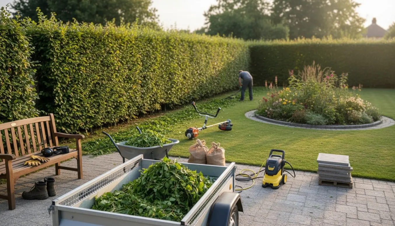 Nyslået bøgehæk og strimmet græs ved en villahave med trailer fyldt af afklip.