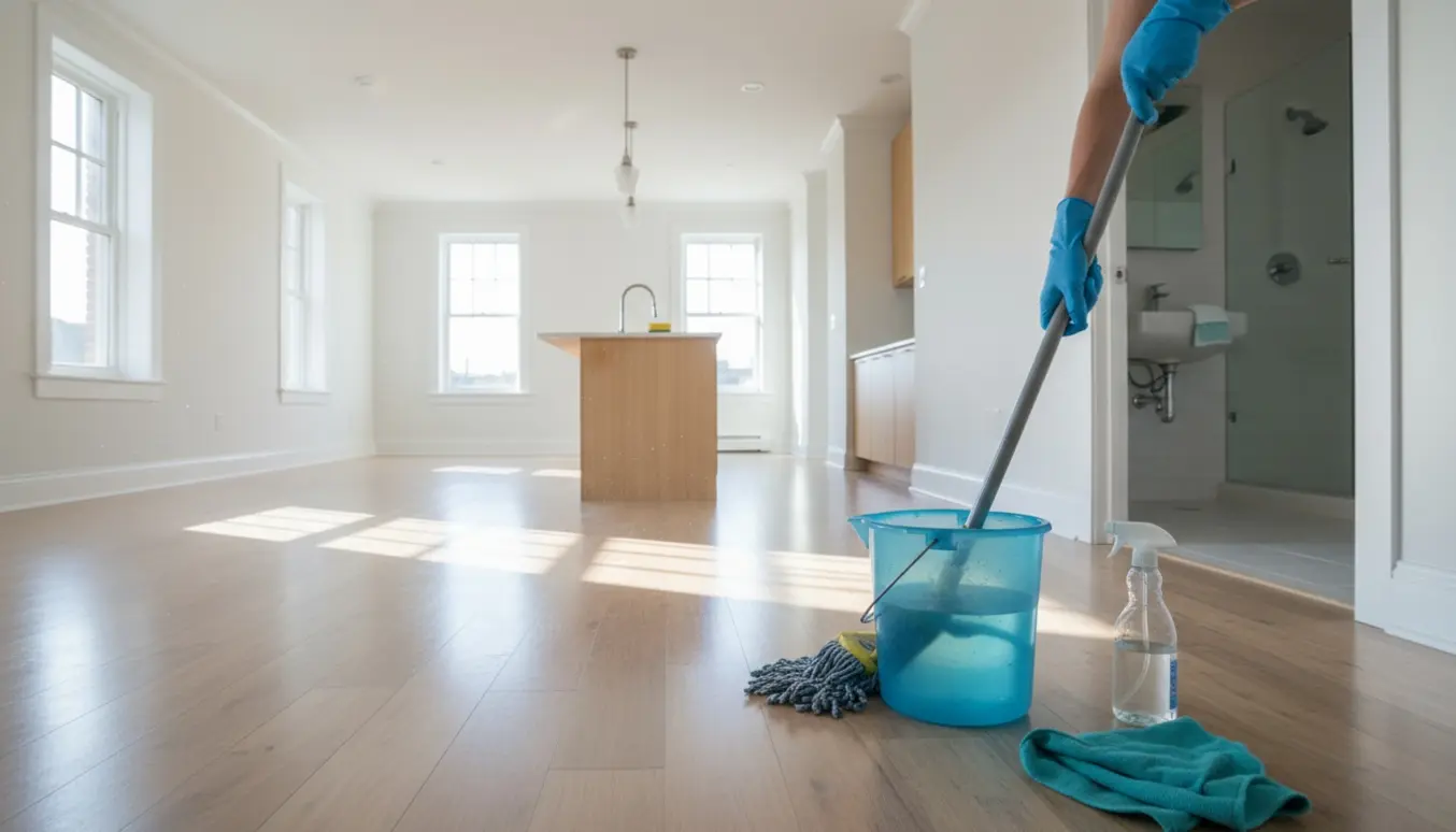 Rengøring af en lys, nymalet lejlighed med moppe, spand og rengøringsmidler på gulvet.
