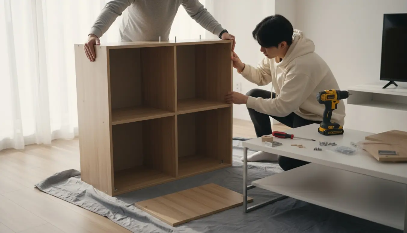 To personer samler et fire-rums skab igen i et lyst rum, med fokus på hænder og værktøj.