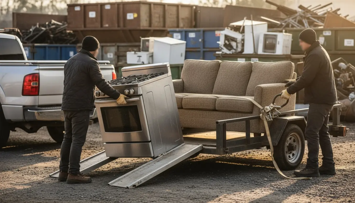 To personer læsser en sofa og et komfur på en trailer ved en modtageplads, begge med handsker og surringsstropper.