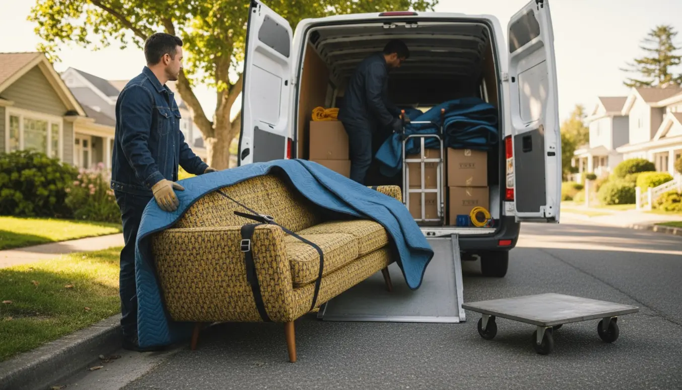 Sofa bliver pakket i flytteblankets og læsset i en flyttebil klar til transport fra Dragør til Herlev.