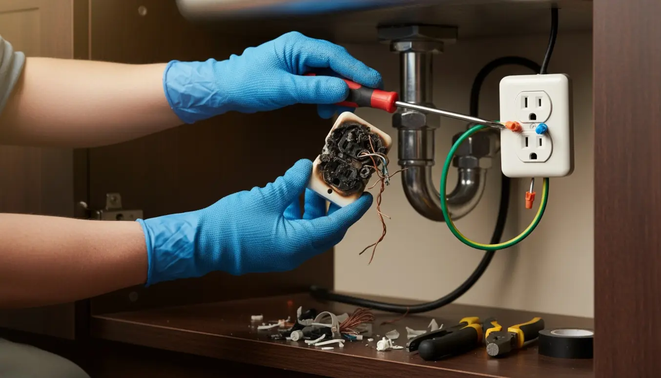 Hænder skifter en brændt, jordet stikkontakt under en køkkensvask med værktøj i skabet.