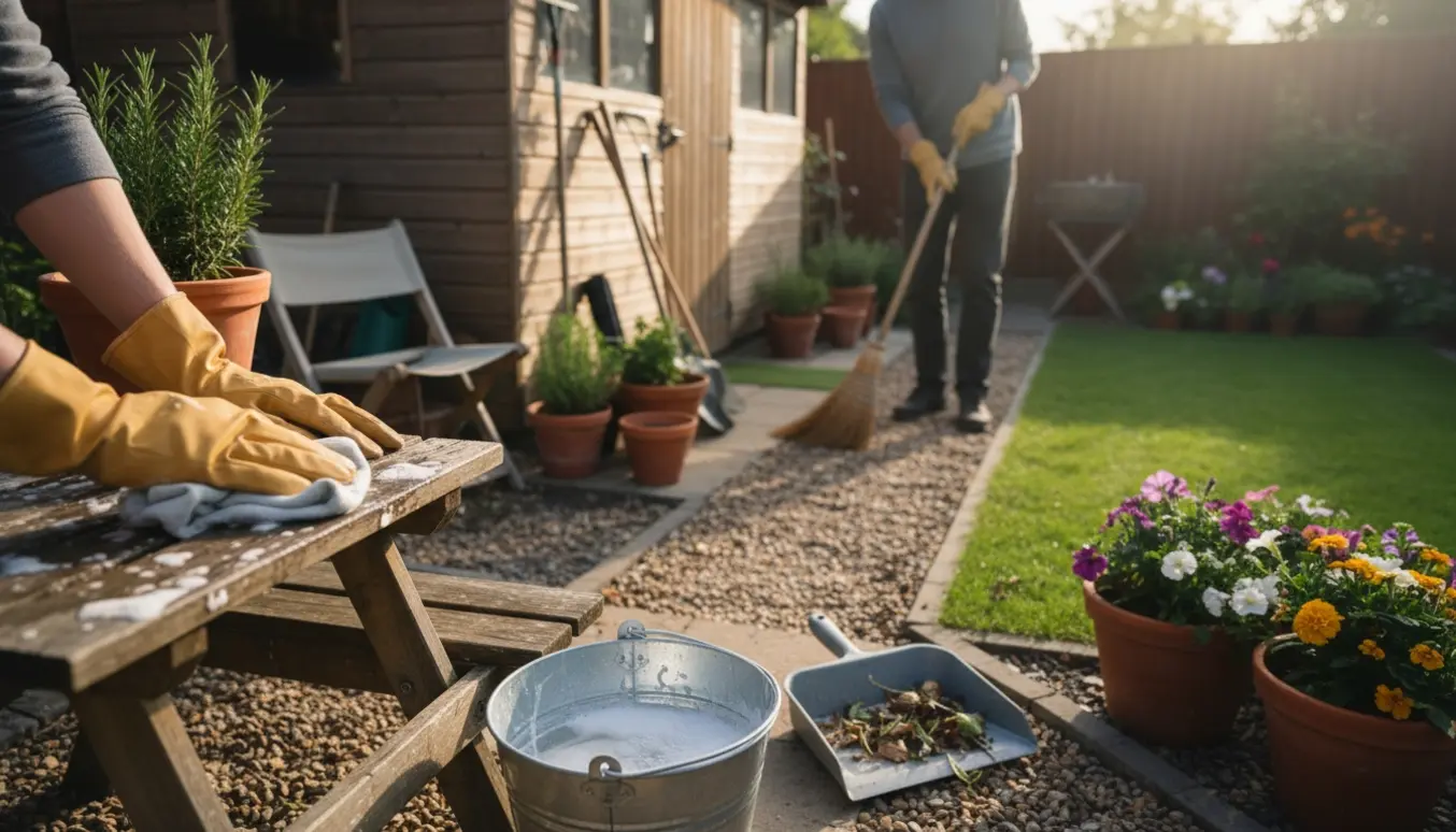 Handsker skrubber et træbord og en person fejer en lille kolonihavesti under rengøring.