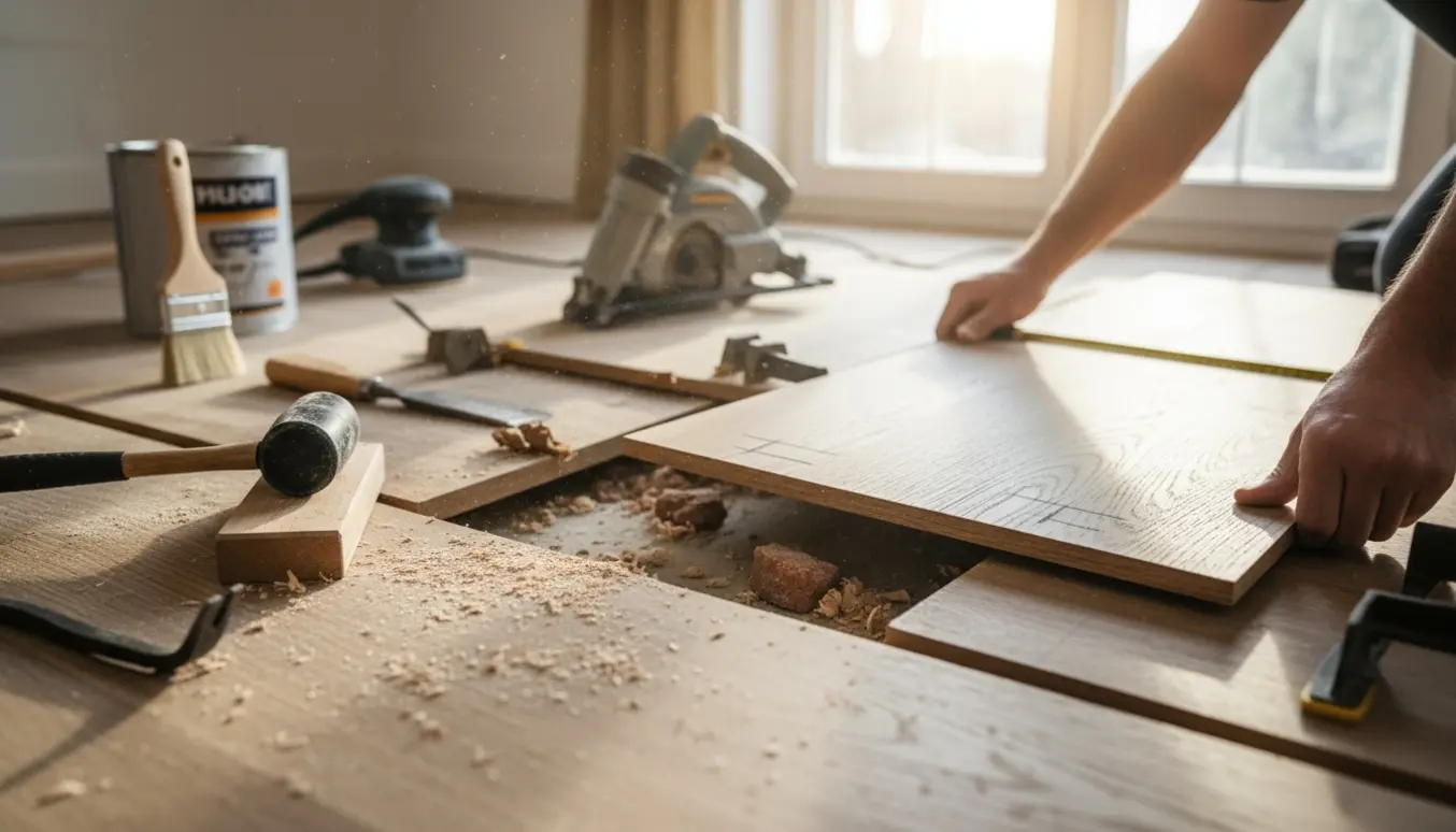 Nærbillede af nyt trægulv, der lægges over hul efter en fjernet muret væg, med værktøj og sollys.