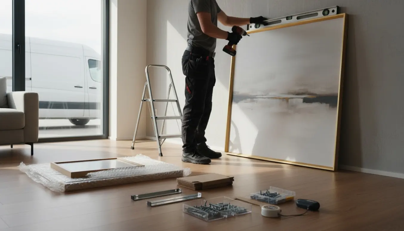 Hænder monterer et indrammet billede på en væg med værktøj og monteringsmaterialer i naturligt dagslys.