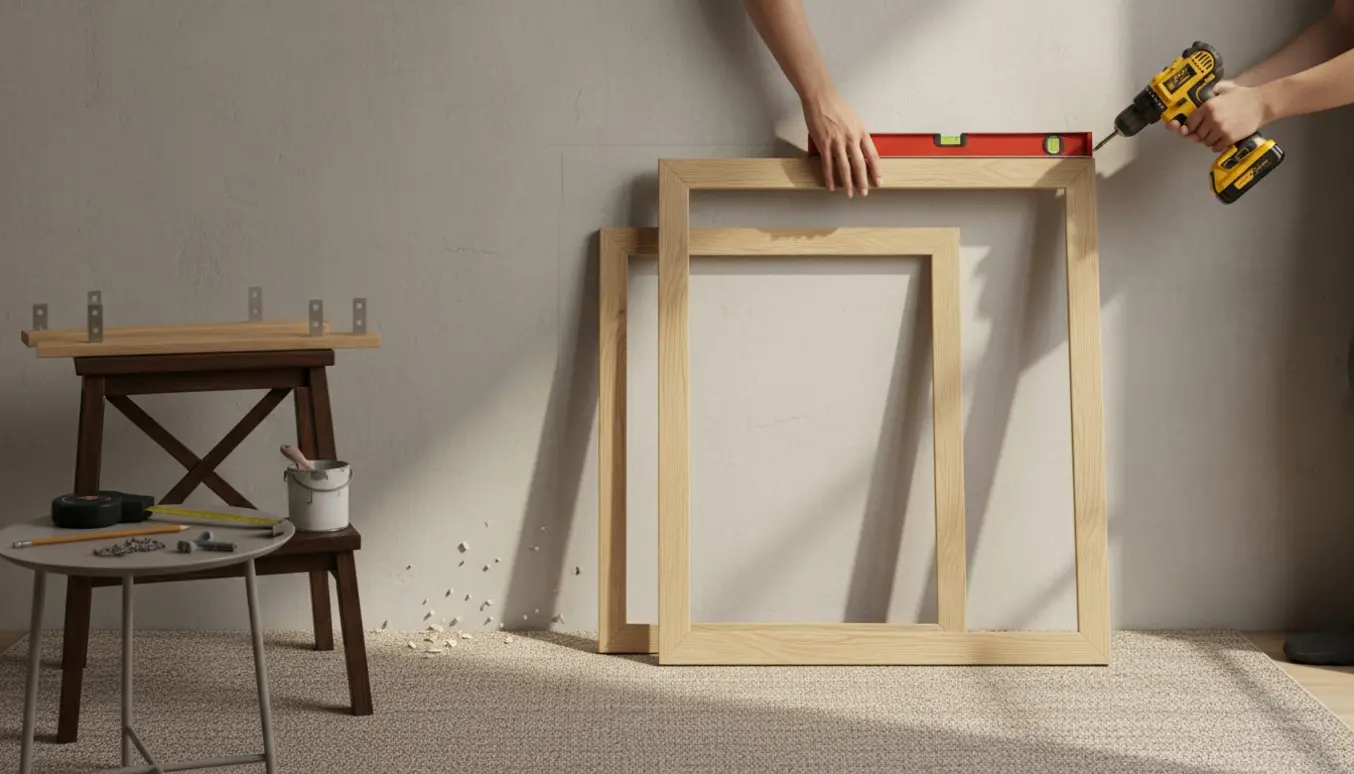 Hænder monterer to store liggende billedrammer på en neutral væg efter at have fjernet gallerihylder.