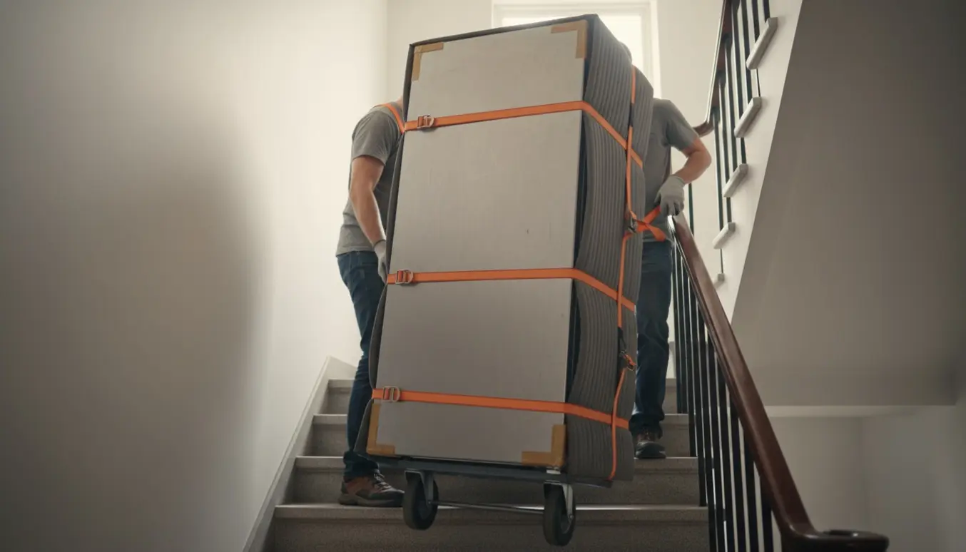 Et køle-fryseskab bæres ned ad en lejlighedstrappe af hjælpere med dolly og flytteudstyr.