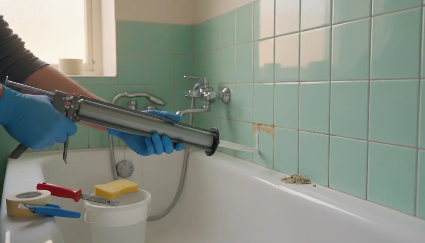 Hænder påfører ny silikone langs kanten af et badekar i et lille 1960'er-badeværelse.