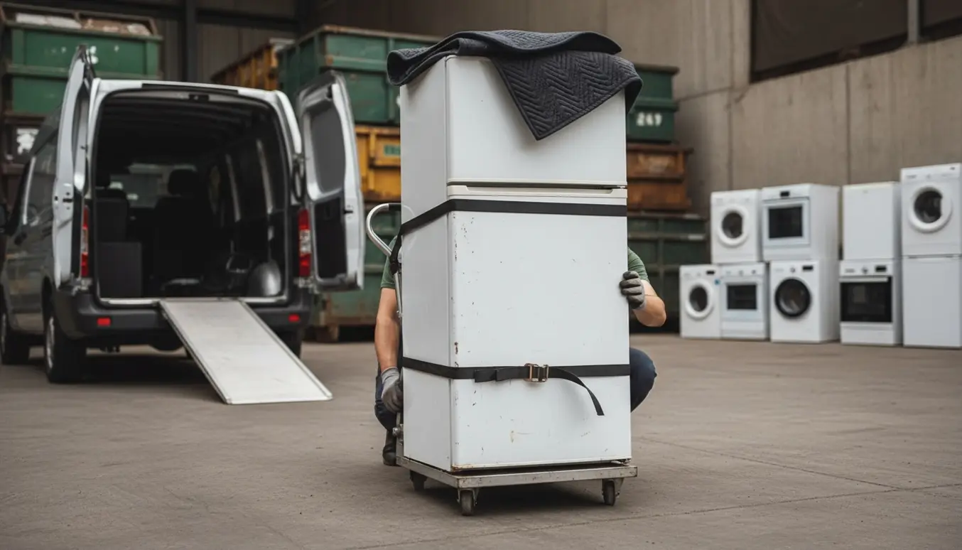 Et gammelt køleskab på en flyttevogn foran en varevogn ved en genbrugsstation.