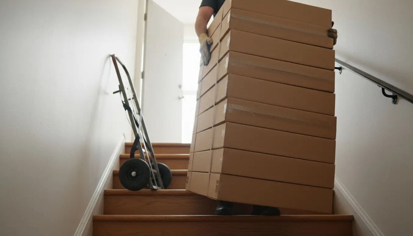 To personer bærer otte pakker klikgulv op ad trappen mod en lejlighed på 3. sal, ansigter er ikke tydelige.