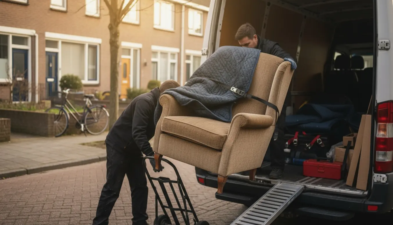 To personer læsser en brugt lænestol ind i en flyttevogn på en stille villavej.