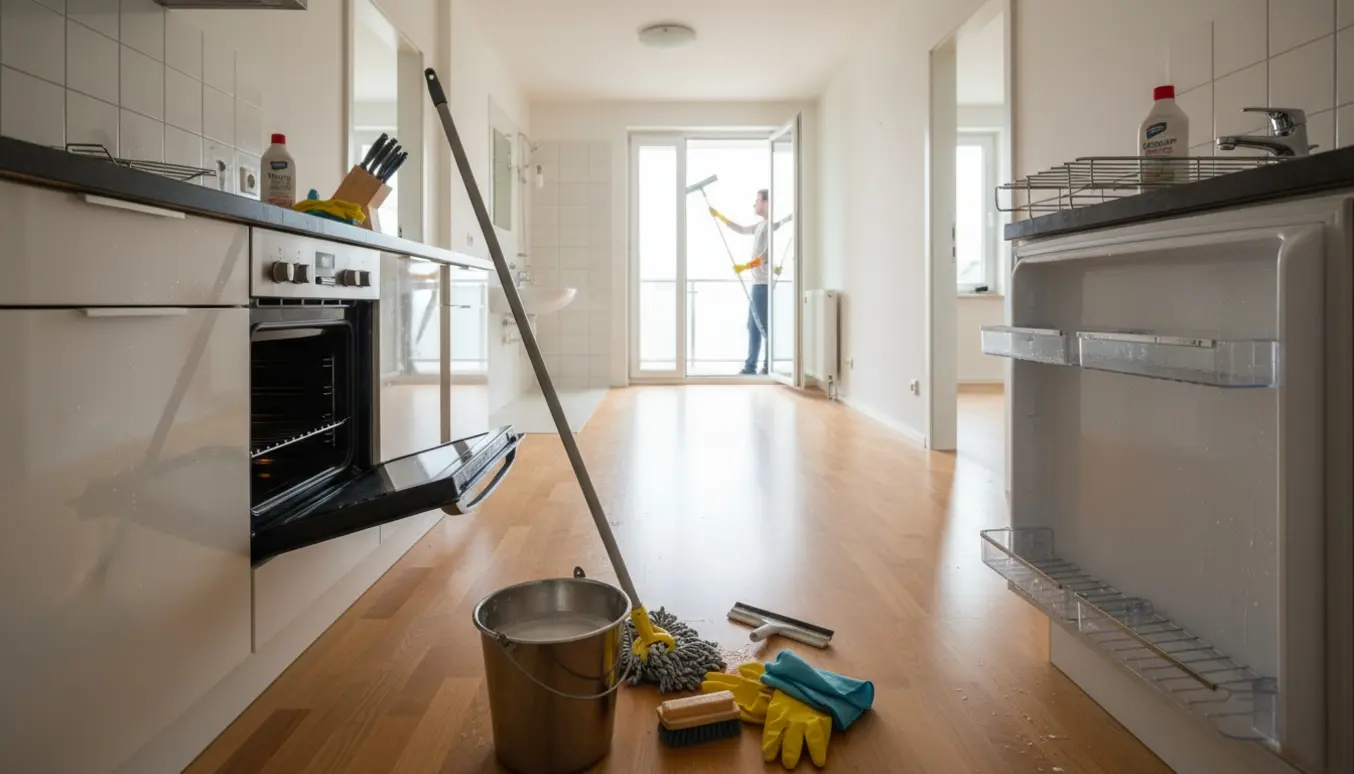 Tom 2-værelses lejlighed under udflytningsrengøring med åben ovn, køleskab, rengøringsudstyr og glasdør i dagslys.