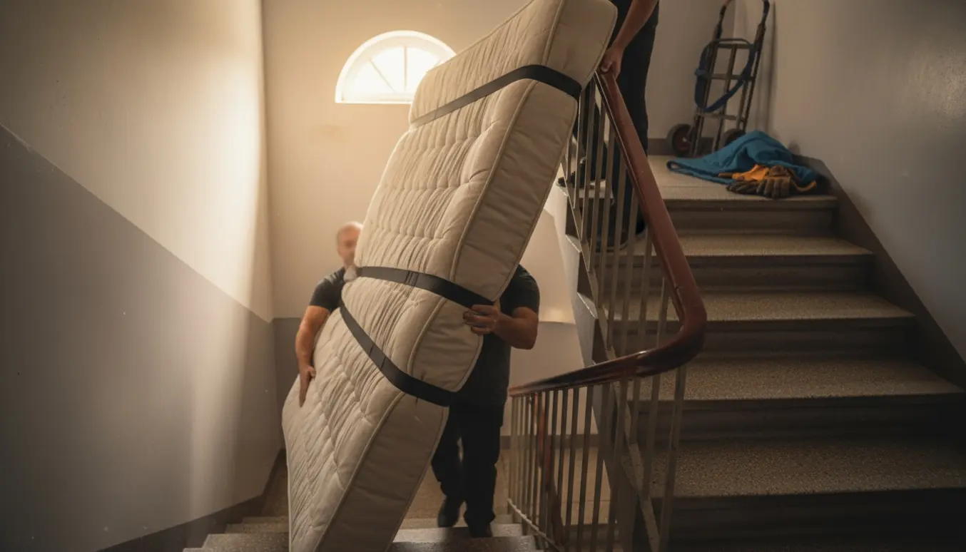 To personer bærer en tung futonmadras op ad en smal trappe i et lejlighedskompleks med fokus på madrassen og hænderne.