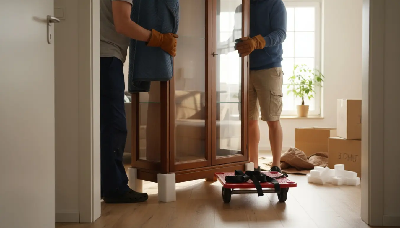 To personer bærer forsigtigt et vitrineskab gennem en lys lejlighed, med flyttetæppe, handsker og værktøj synligt.