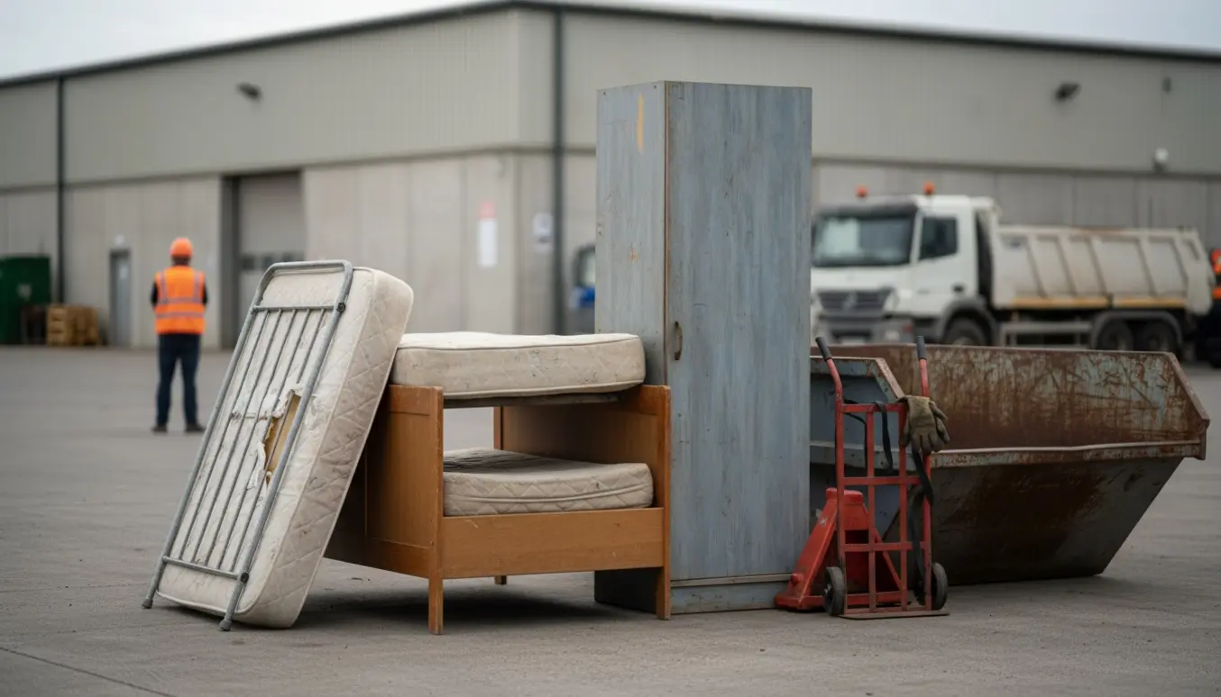 Seng, madras, briks og højt skab stablet ved aflevering på en genbrugsplads.