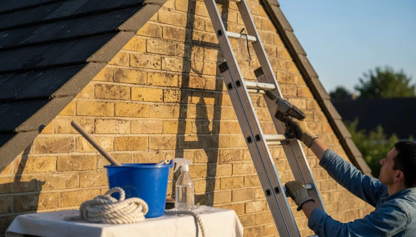 Høj gul murstensgavl renses for sorte pletter med boremaskine og børste, set fra en stige.