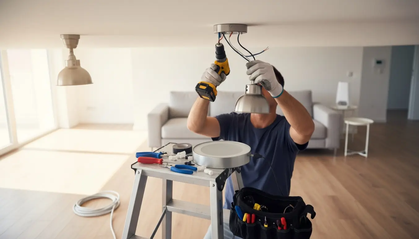 En håndværker hænger to loftlamper op i en lys stue med fokus på hænderne og værktøjet.