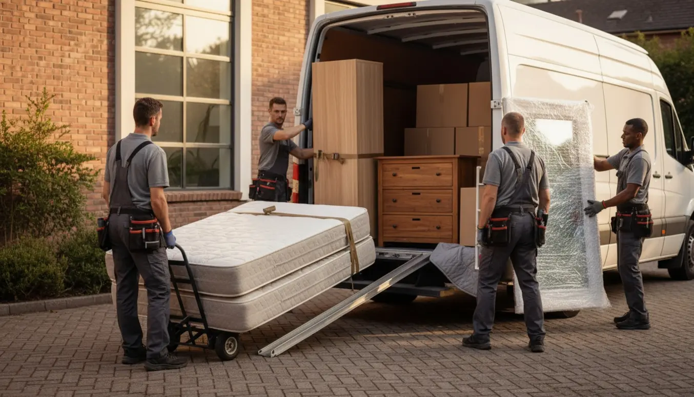 Flyttefolk læsser seng, kommoder, skab og pakket spejl ind i en flyttebil, ansigter ikke tydelige.