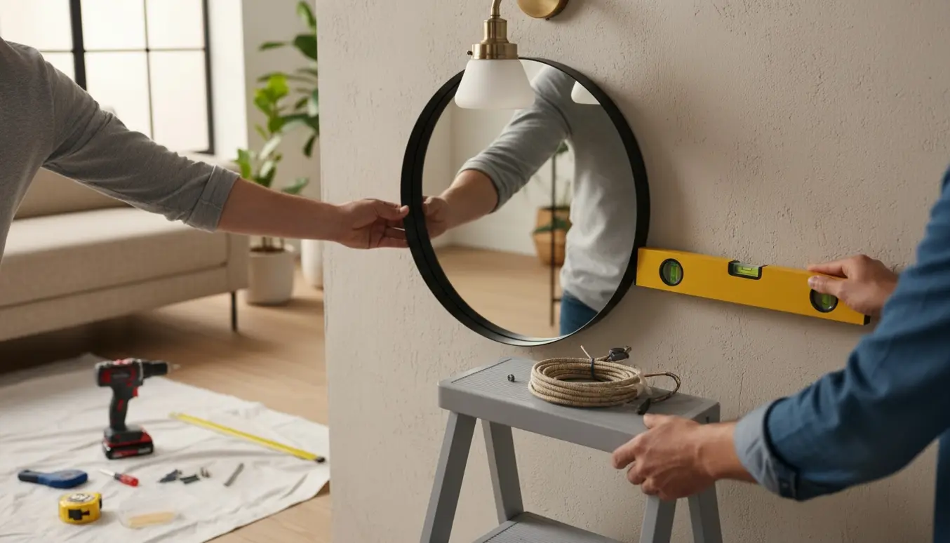 Hænder monterer to væglamper og et spejl på en neutral stuevæg.