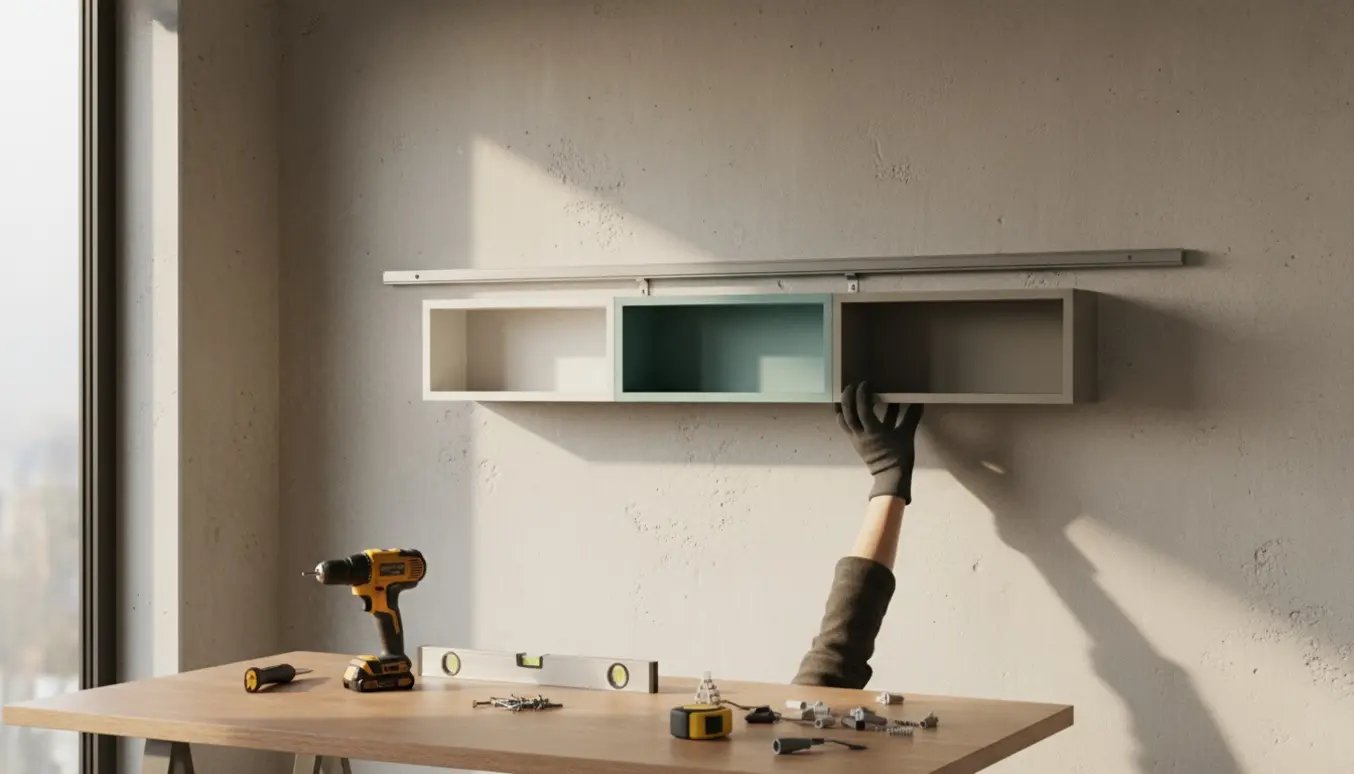 Tre modulreoler monteres på en betonvæg med monteringsliste og værktøj i forgrunden.