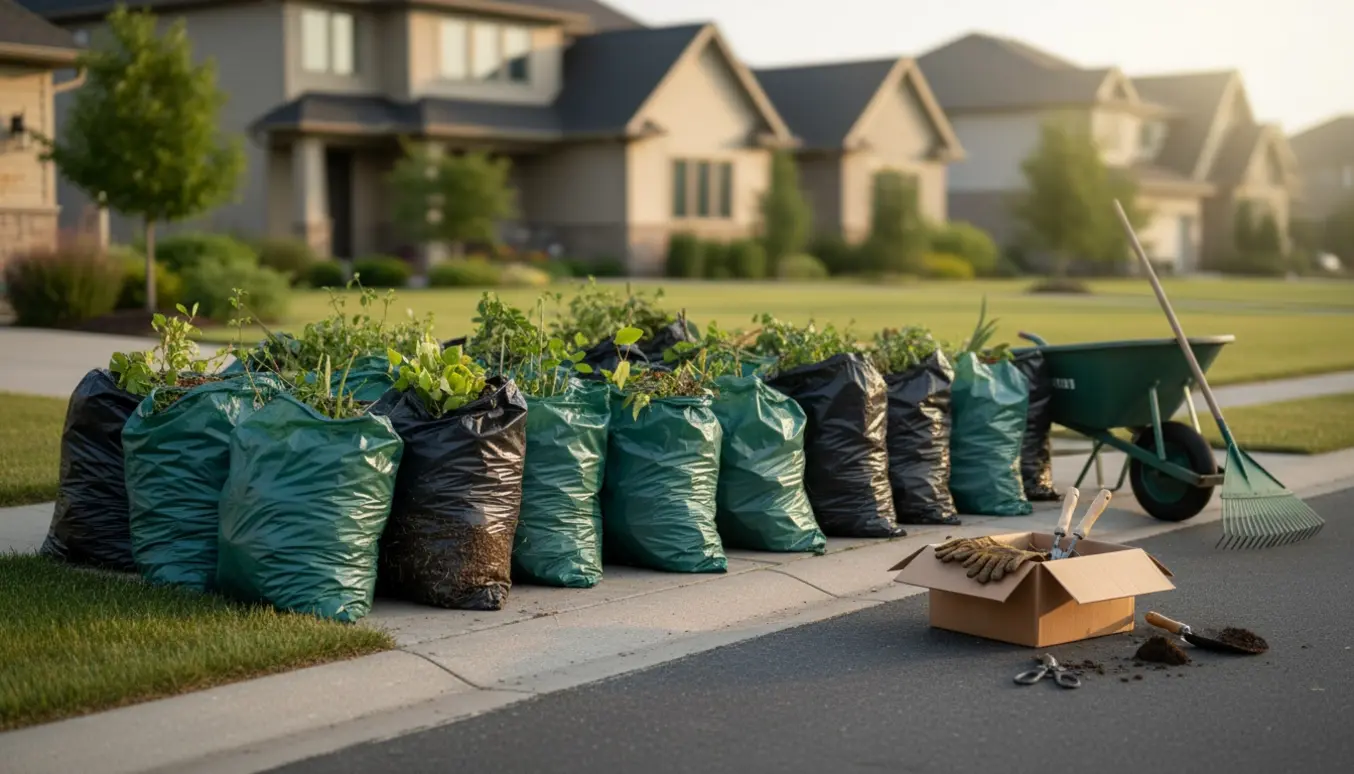 Cirka 25 poser med haveaffald stablet ved kantstenen med en lille kasse med håndværktøj ved siden af.