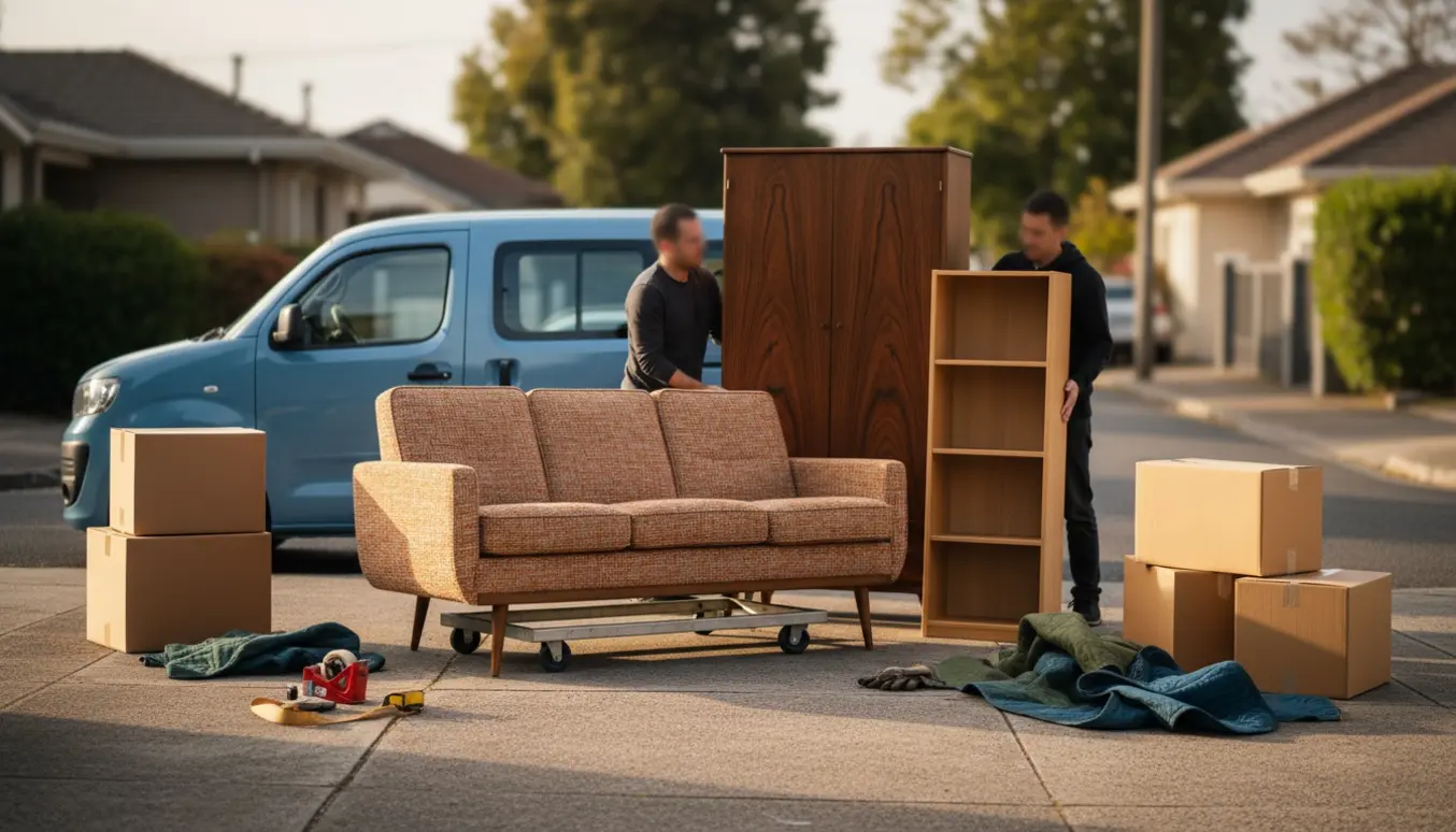 To personer læsser en sofa, et klædeskab og en reol ind i en flyttevogn med flyttekasser og udstyr.