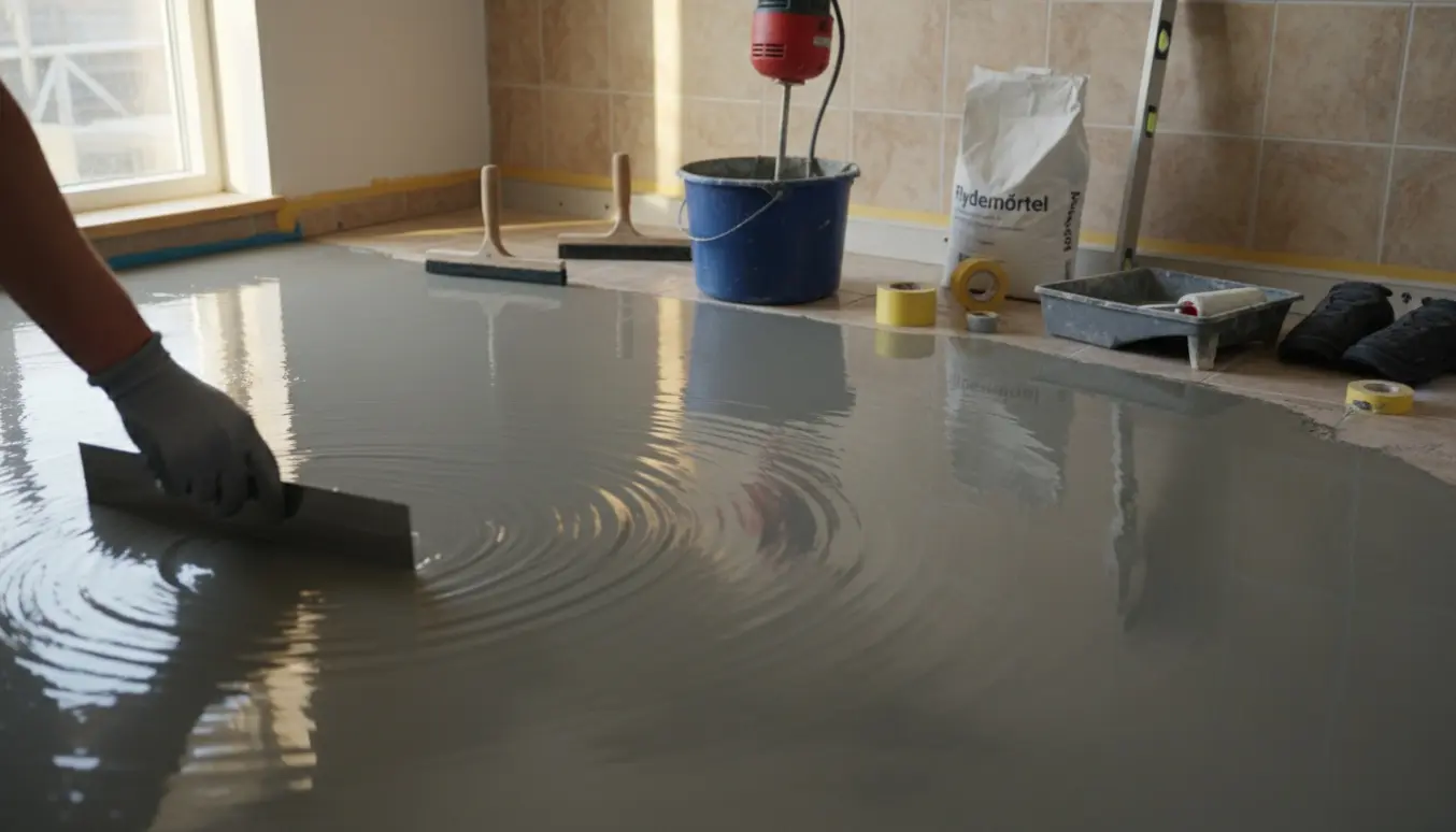 Friskt udlagt flydemørtel i et lille anneks, hvor en handske glatter overfladen mens de oprindelige klinker ses langs kanten.