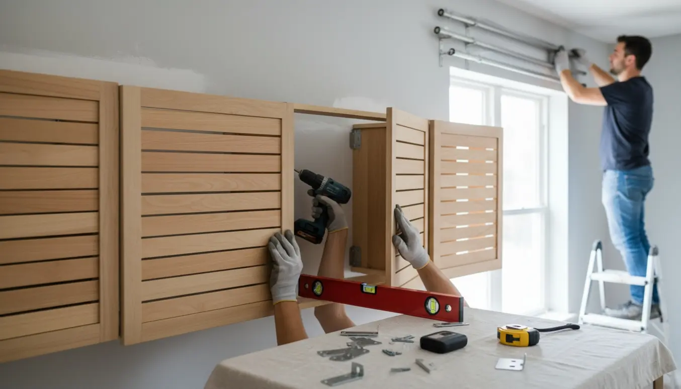 Nærbillede af hænder, der monterer tre vægskabe og sætter to gardinstænger op i et lyst hjem.