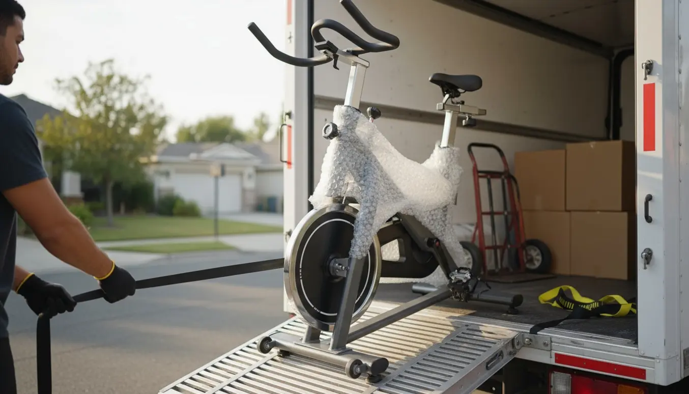 Spinningcykel løftes ind i en varevogn på en rampe, beskyttet af tæpper og fastgjort med stropper.