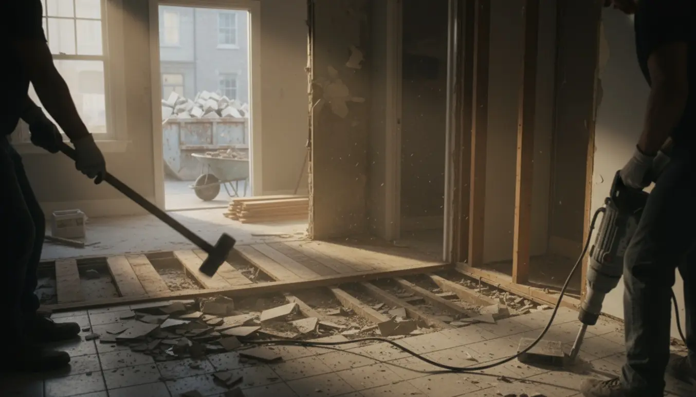 Ophugget badeværelsesgulv og fjernede trægulve i køkken med en container til byggeaffald foran huset.