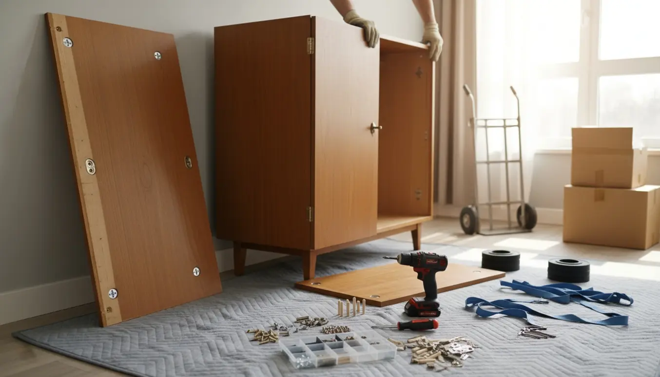 Delvist adskilt klædeskab i en stue med værktøj og flytteudstyr klar til flytning.