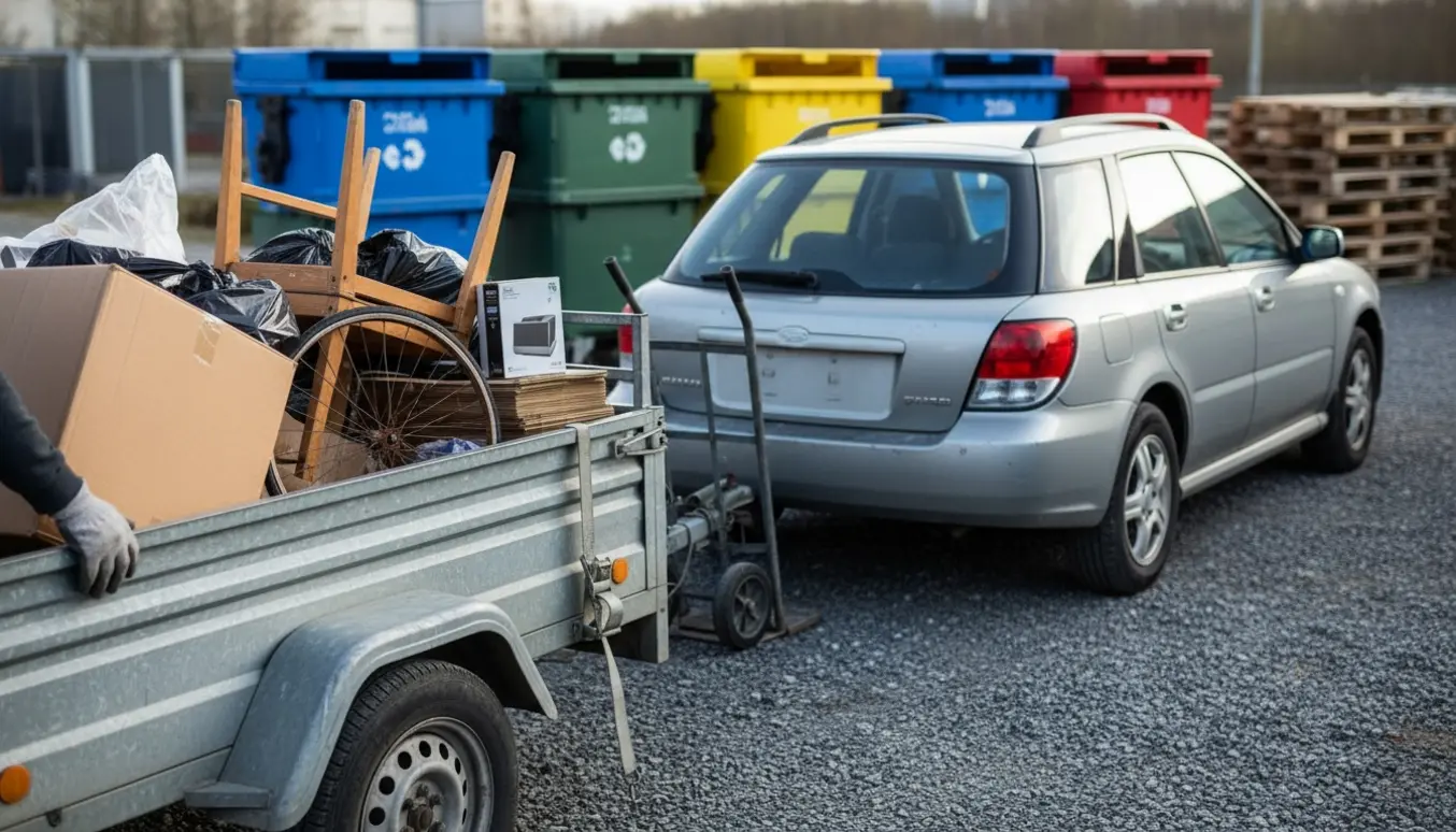 Bil med trailer læsset med sorteret affald ved en genbrugsplads, hænder i handsker ordner materialer.