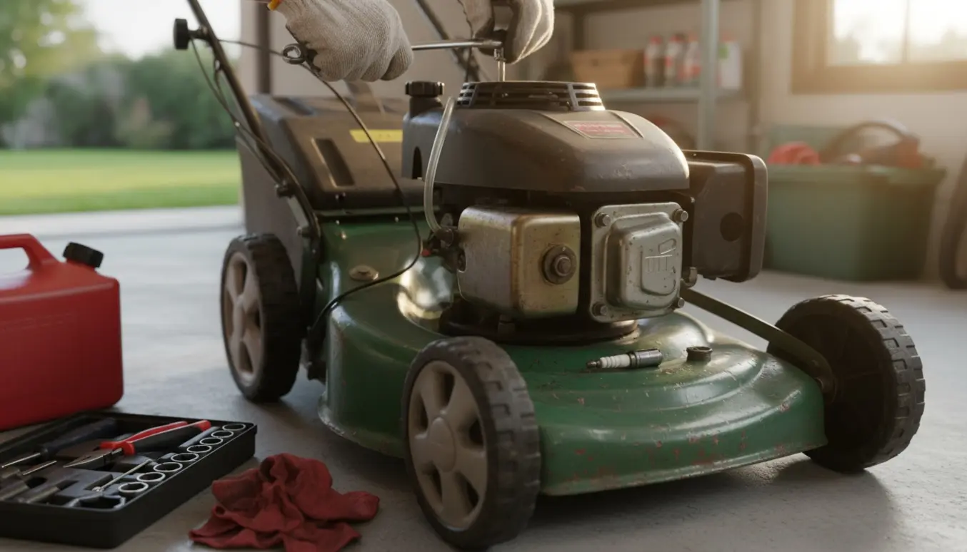 Benzindrevet plæneklipper med åbnet motor og værktøj, mens hænder reparerer den i et lyst værksted.