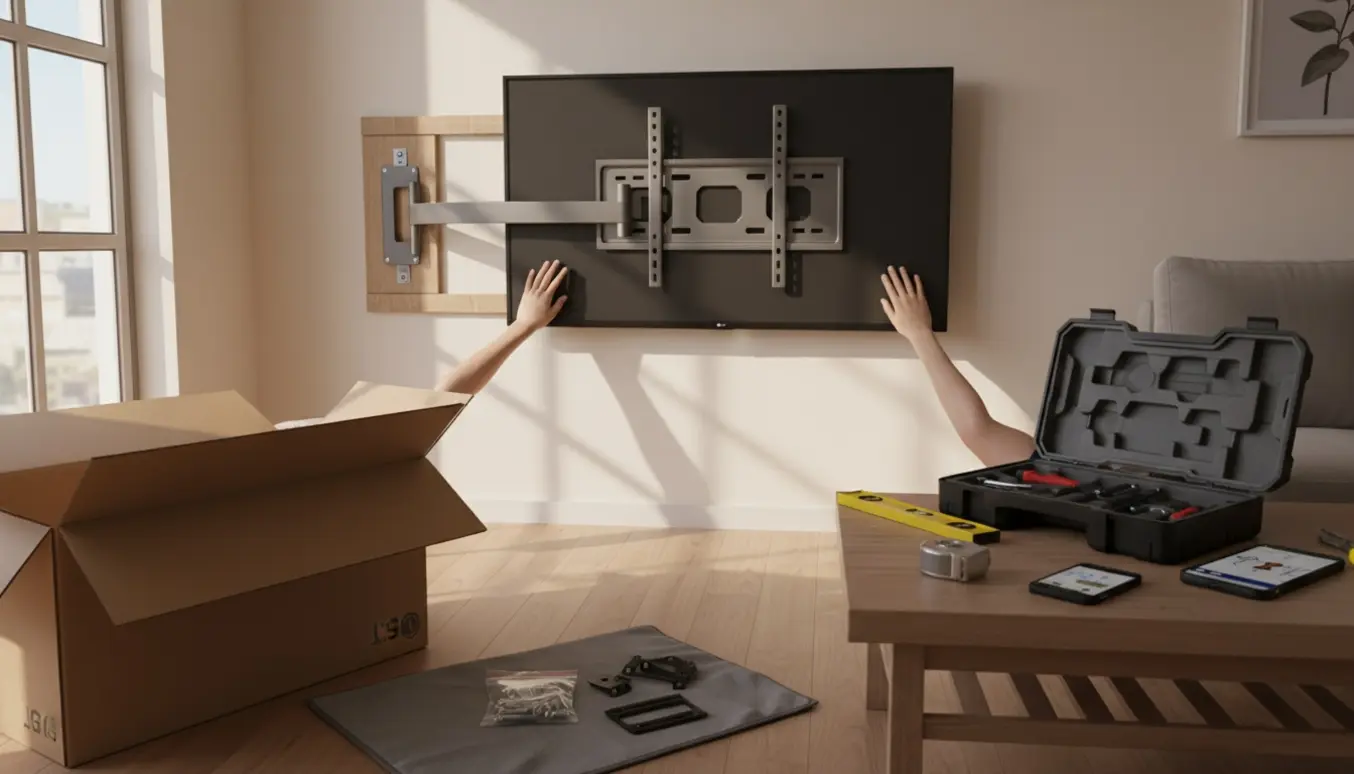 En fladskærm på vej til at blive monteret på en vægmonteret swingarm med monteringsdele og et tomt værktøjsskrin i forgrunden.