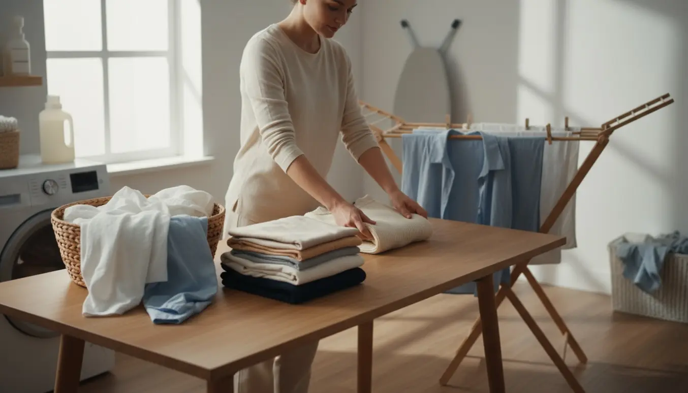 Hænder folder rent vasketøj i et solrigt, ryddeligt vaskerum med kurv og tøjsnor.