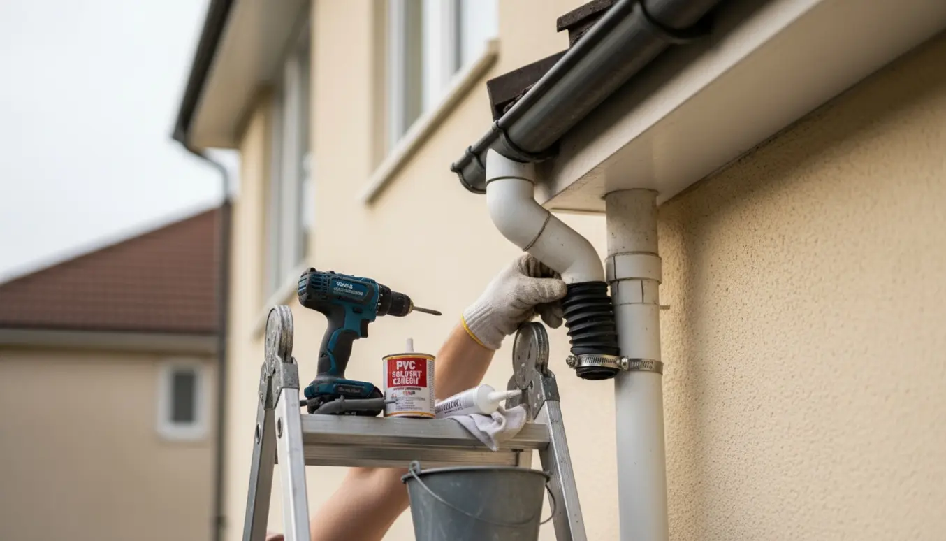 Nærbillede af reparation af plastik nedløbsrør under tagrenden på en 3-families ejendom.