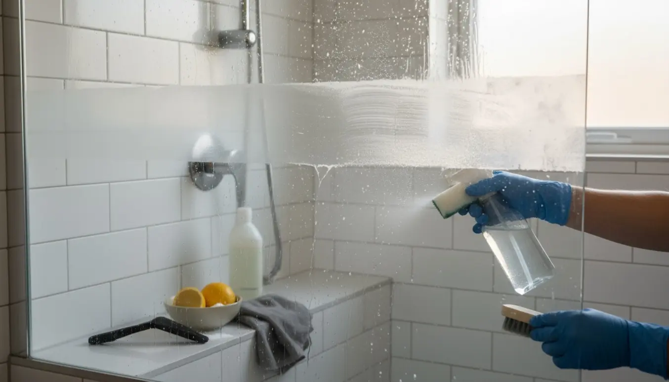 Handskerede hænder fjerner kalk fra en glasbrusekabine med sprayflaske og svamp.