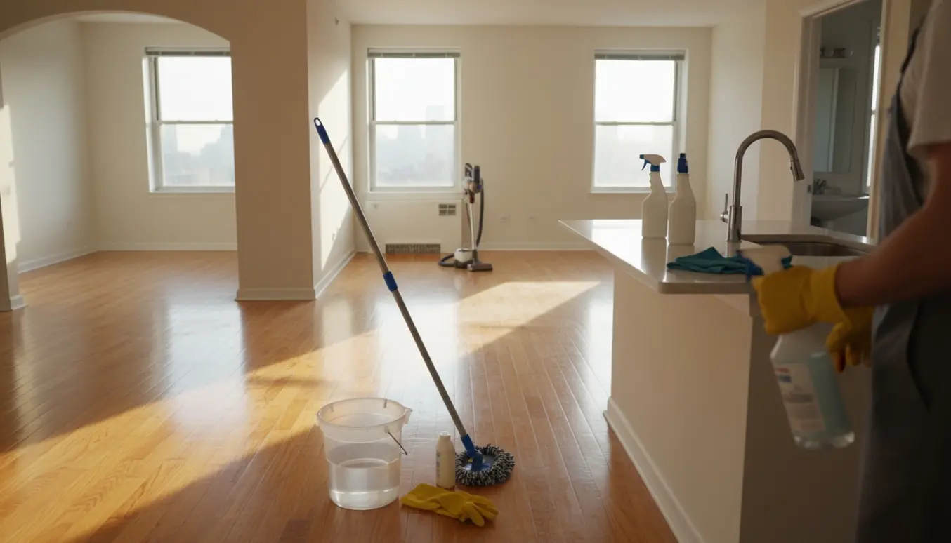Tom lejlighed med rengøringsudstyr, nyskrubbede gulve og sollys gennem vinduerne.