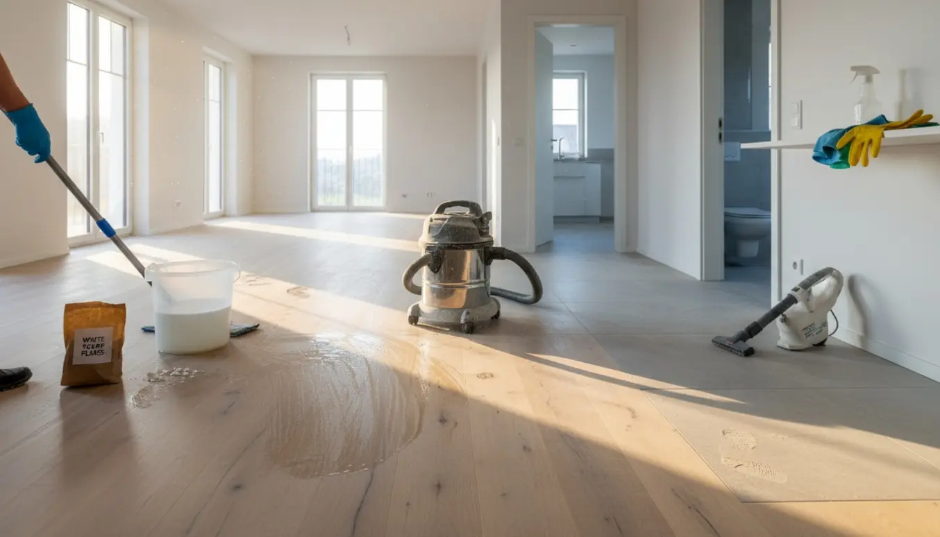 Tomt hus i morgenlys under rengøring med handsker, moppe, sæbespåner og industristøvsuger.