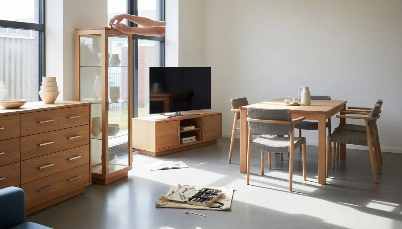 Lyst skandinavisk rum med samlet kommode, tv-skænk, vitrineskab og spisebord.