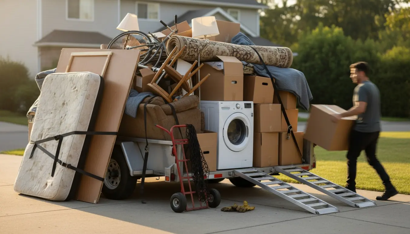 Fyldt trailer med storskrald foran en bolig, folk læsser møbler med flytteudstyr.