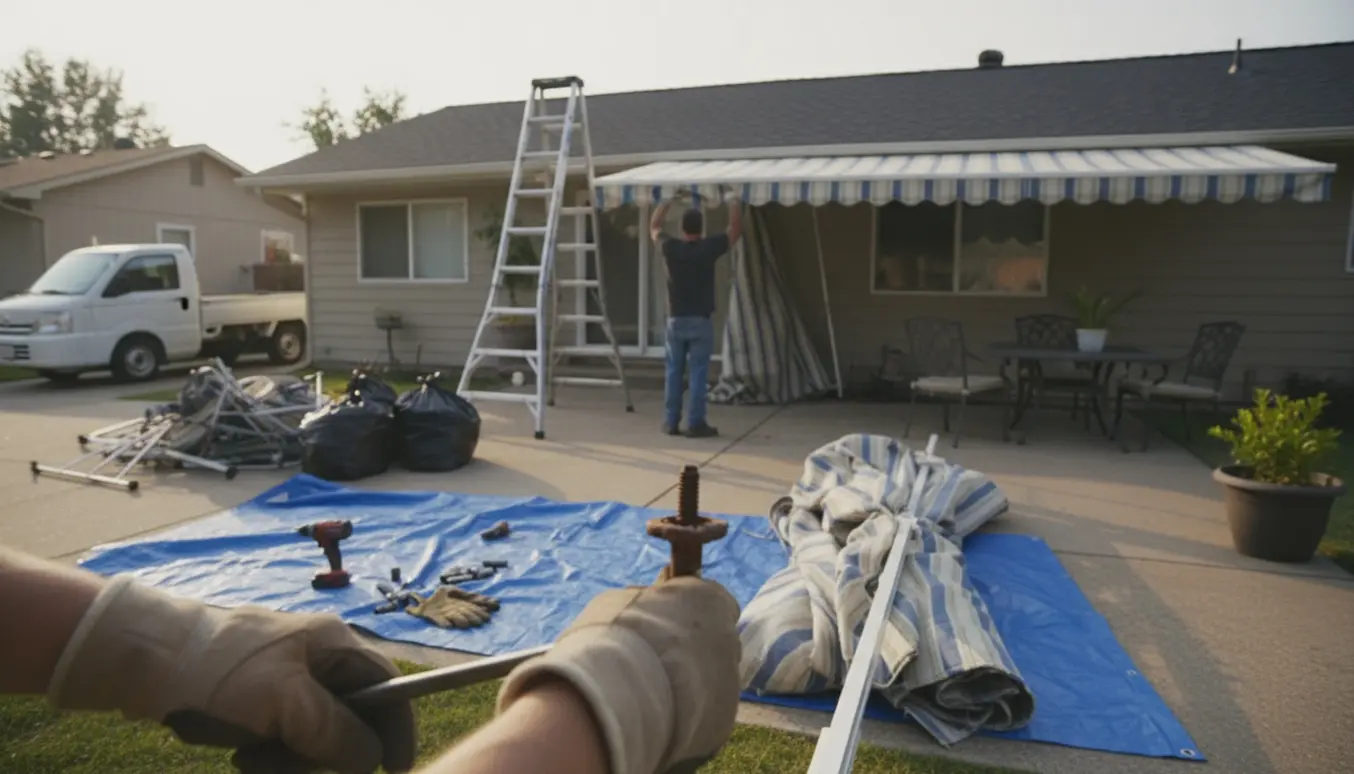 Hænder fjerner en gammel markise uden for et hus med værktøj og en varevogn klar til bortskaffelse.